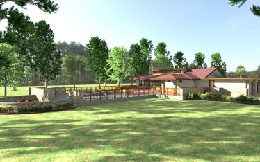 An artist rendering rear view of The Lykos Group’s new Frank Lloyd Wright-inspired custom home in Logan Woods.