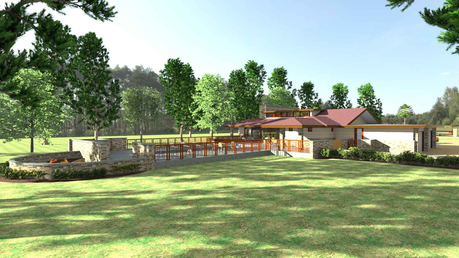 An artist rendering rear view of The Lykos Group’s new Frank Lloyd Wright-inspired custom home in Logan Woods.