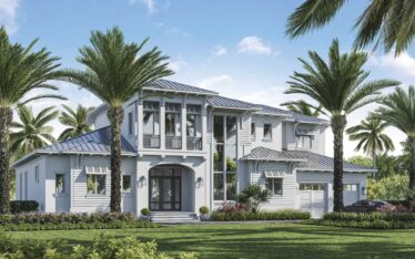 An exterior view of The Lykos Group’s latest Marco Island spec home, The Rosemary Beach model, at 625 Crescent St.