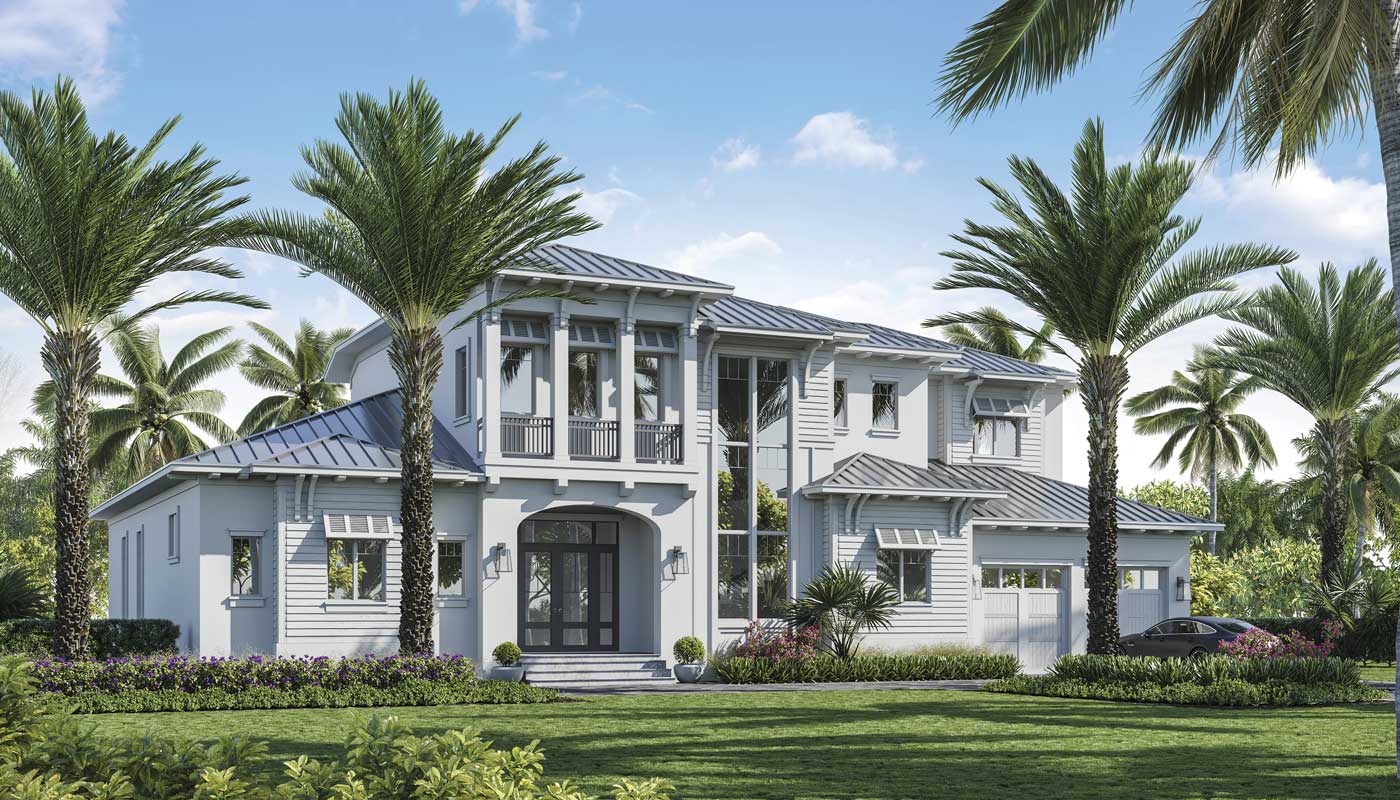An exterior view of The Lykos Group’s latest Marco Island spec home, The Rosemary Beach model, at 625 Crescent St.